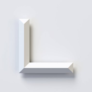 L harfi, kare üç boyutlu yazı tipi, beyaz, basit, geometrik, döküm gölge arka duvara 3d render