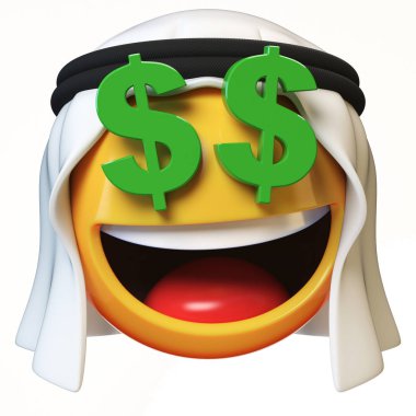 Beyaz arka plan üzerinde doları gözleri Arap ifade 3d render izole zengin Arap emoji