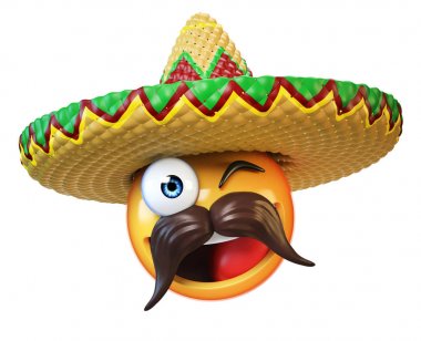 Meksika emoji beyaz arka planda, fötr şapka ve bıyıklı 3d render ile ifade izole