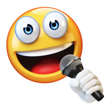 Emoji holding mikrofon izole beyaz arka plan, ifade şarkıcı, muhabir, sunum 3d render