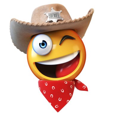 Şerif emoji beyaz arka plan üzerinde kovboy ifade 3d render izole