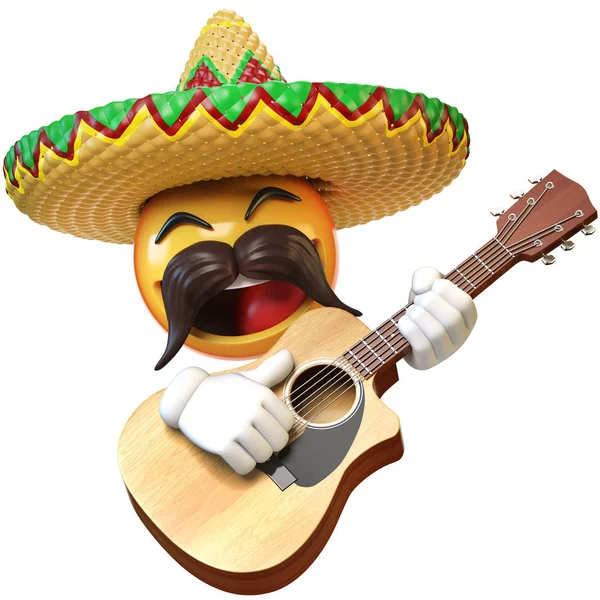 Mexican Emoji Playing Guitar Isolated White Background Emoticon Mariachi Sombrero — Stock Photo, Image