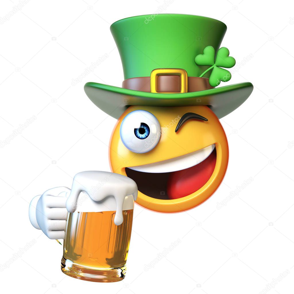 Emoji with green St. Patrick's Day hat with four-leaf clover, Irish emoticon holding beer isolated on white background 3d rendering