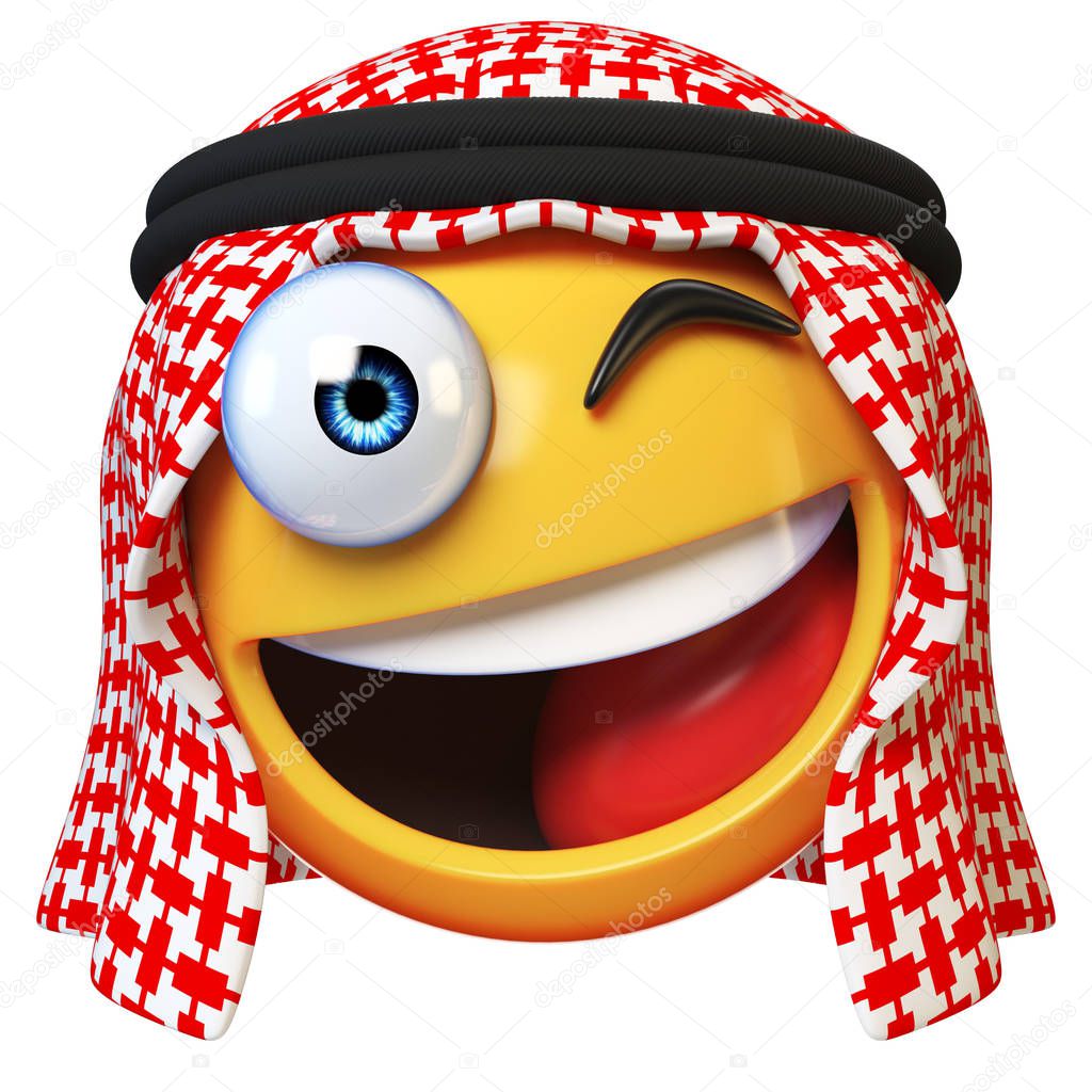 Winking Arab emoji isolated on white background, smiling Arabian winking face emoticon 3d rendering
