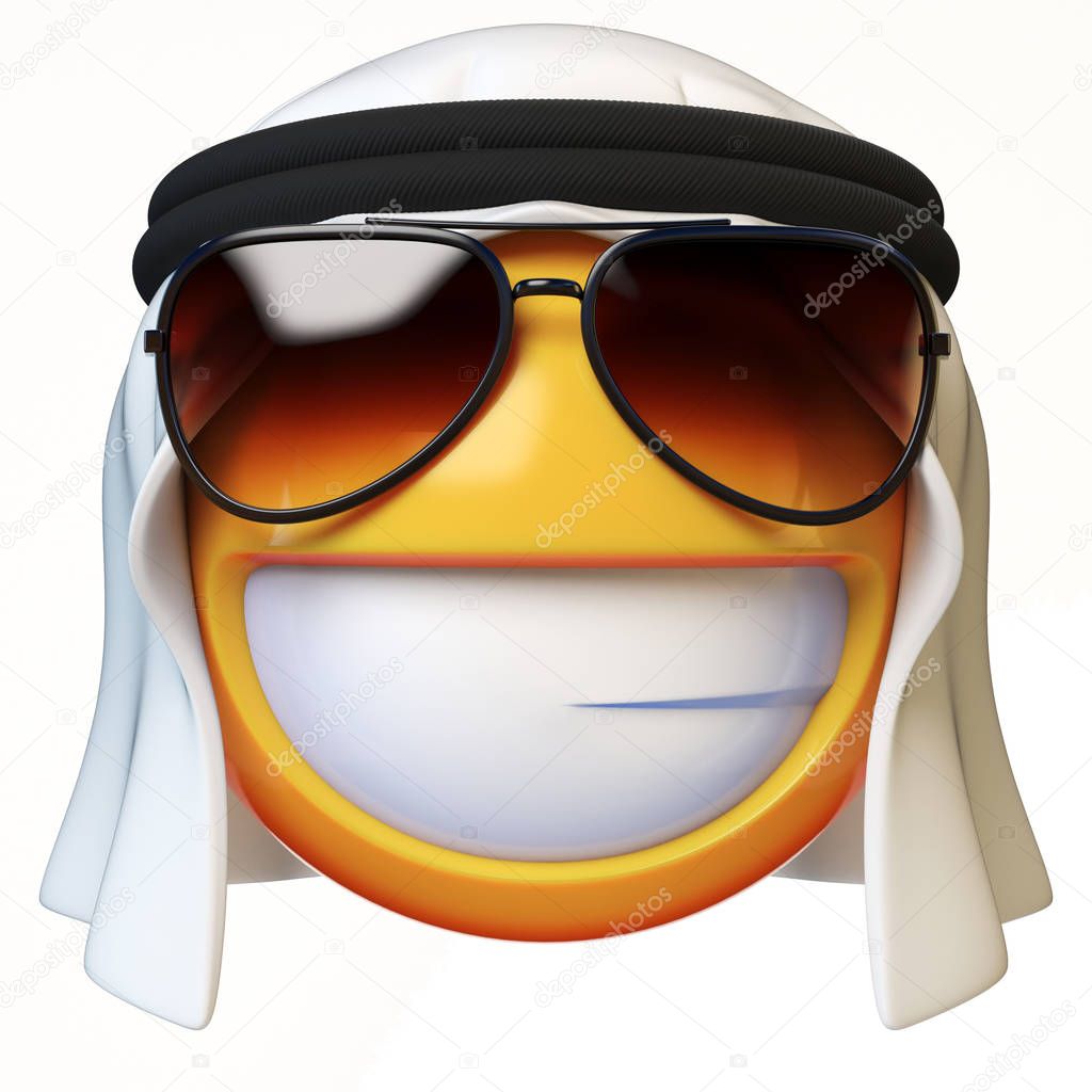 Cool Arab emoji isolated on white background, smiling Arabian emoticon with sunglasses 3d rendering