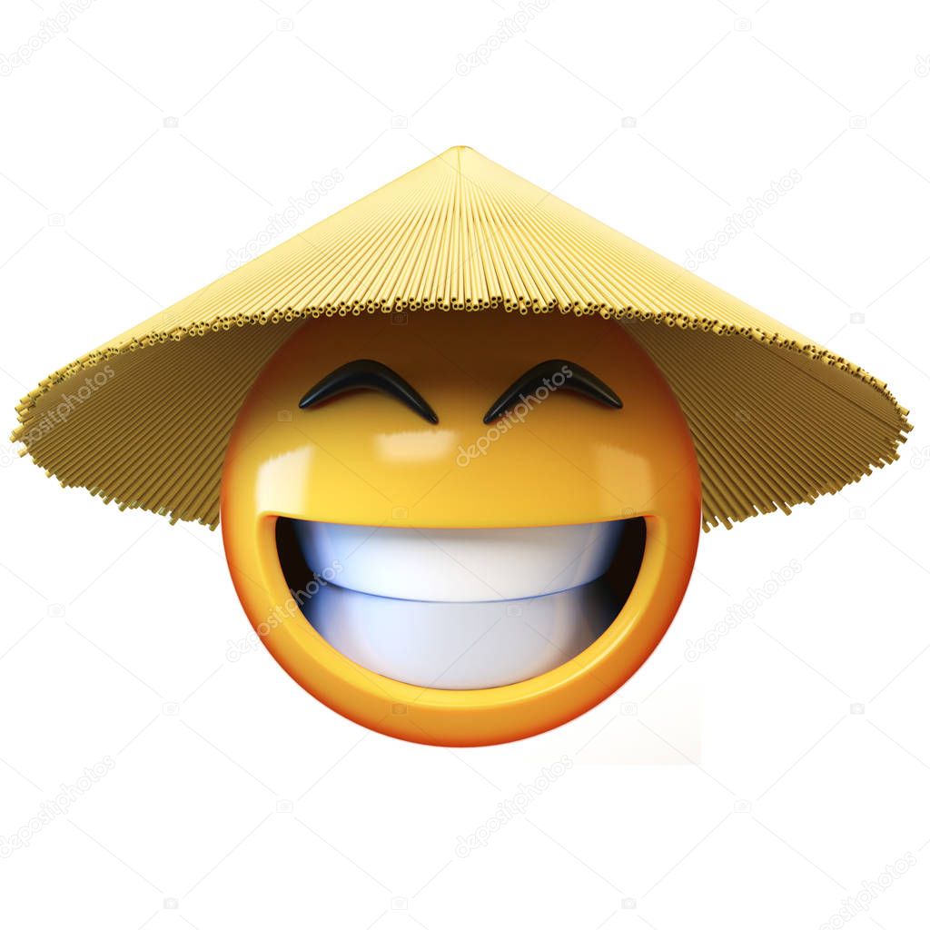 Asian emoji with conical straw hat isolated on white background, Asian emoticon greeting hands 3d rendering