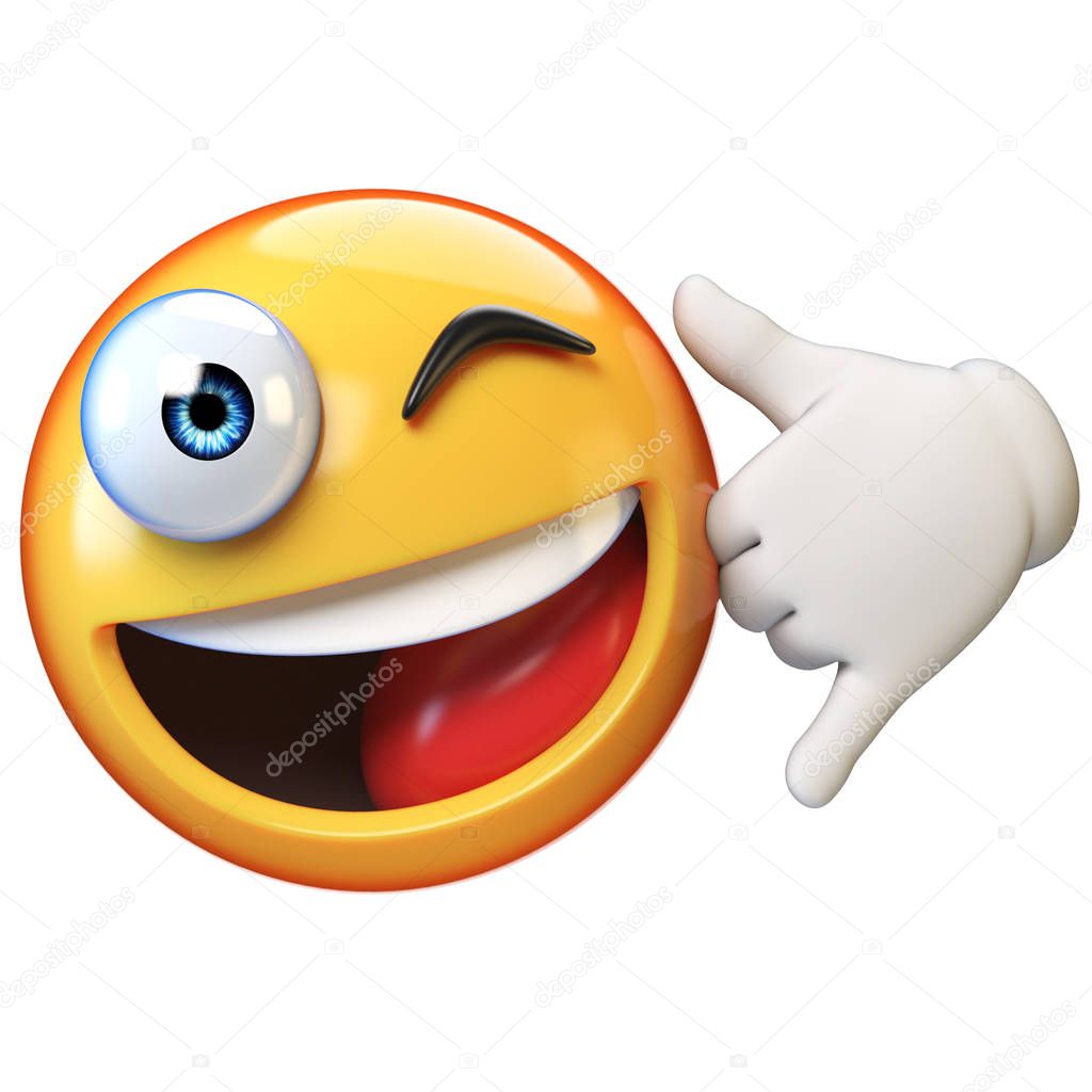 Call you back emoji isolated on white background, smiling winking face emoticon with phone hand gesture 3d rendering