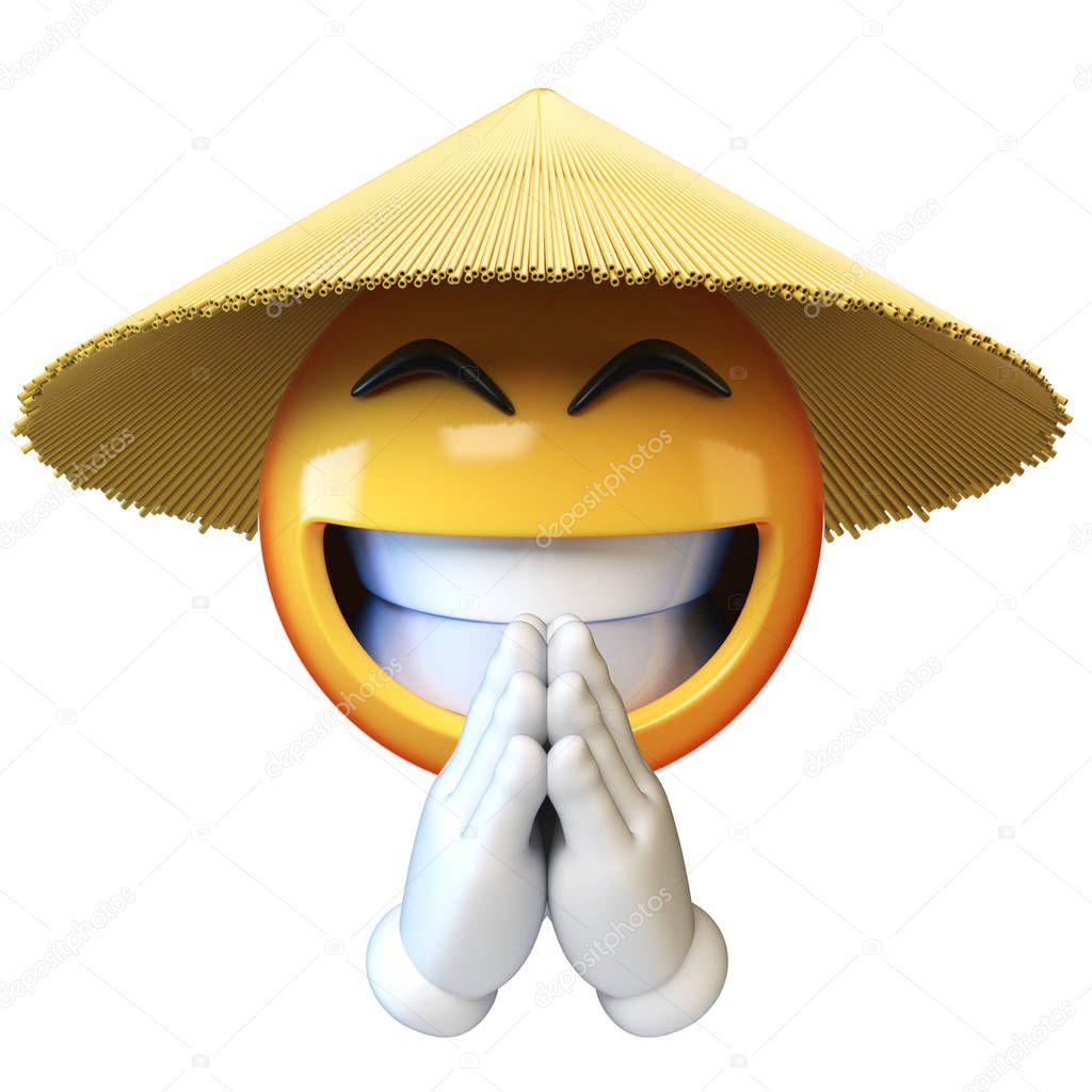 Asian emoji with conical straw hat isolated on white background, Asian emoticon greeting hands 3d rendering
