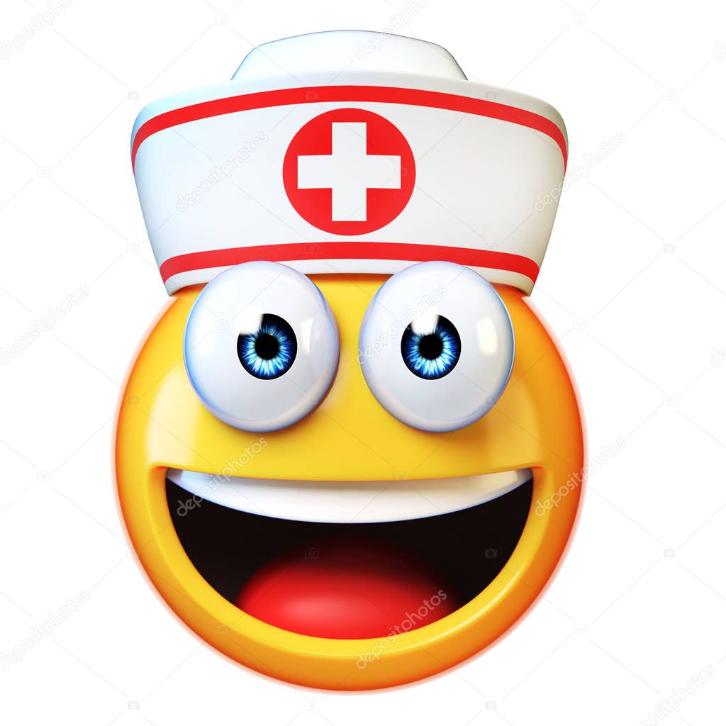 Nurse emoji isolated on white background, first aid, medic emoticon, hospital symbol 3d rendering
