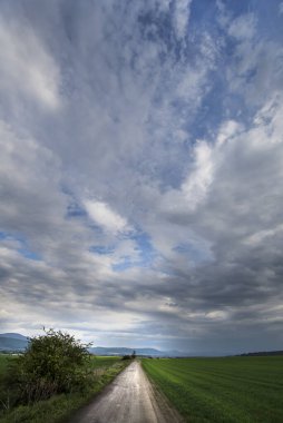 Dark dramatic landscape stormy sky over field