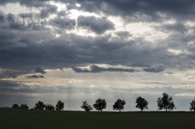 Dark dramatic landscape stormy sky over field