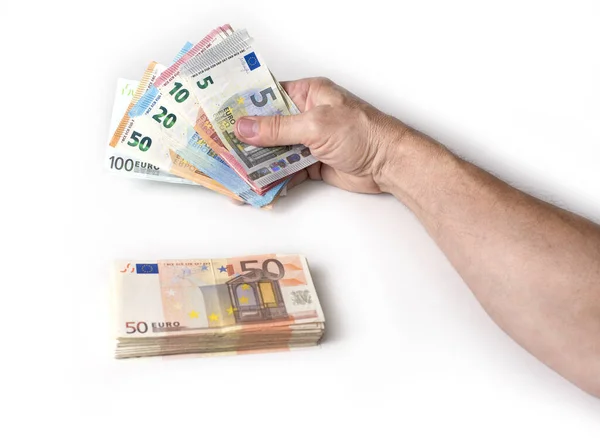 Mano Masculina Sosteniendo Dinero Euros Sobre Fondo Blanco — Foto de Stock