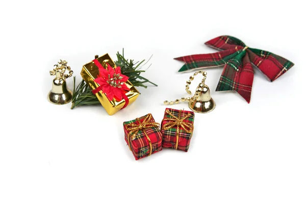 Christmas Background Decorations Holly Present Boxes Ribbon White — Stock Photo, Image