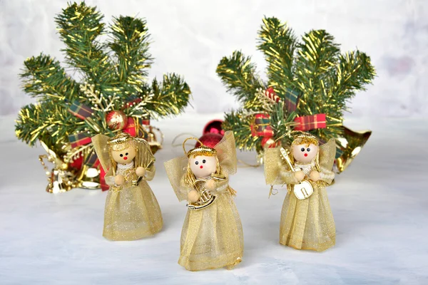 Kerst Achtergrond Met Decoraties Hulst Kado Dozen Lint Wit — Stockfoto