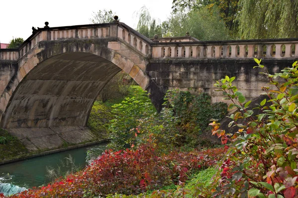 Sonbaharda Sonbahar Renkleriyle Dere Üzerinde Eski Bir Köprü — Stok fotoğraf