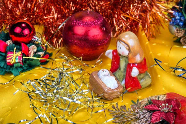Weihnachten Hintergrund Mit Dekorationen Glocken Bänder Und Kugeln — Stockfoto