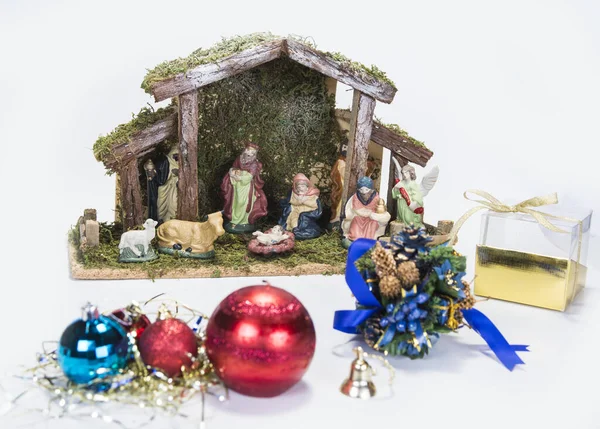 Fundo Natal Com Decorações Sinos Fita Bolas Branco — Fotografia de Stock