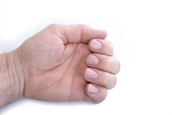 Caucásico Mano Masculina Mostrando Clavos Sobre Fondo Blanco — Foto de Stock