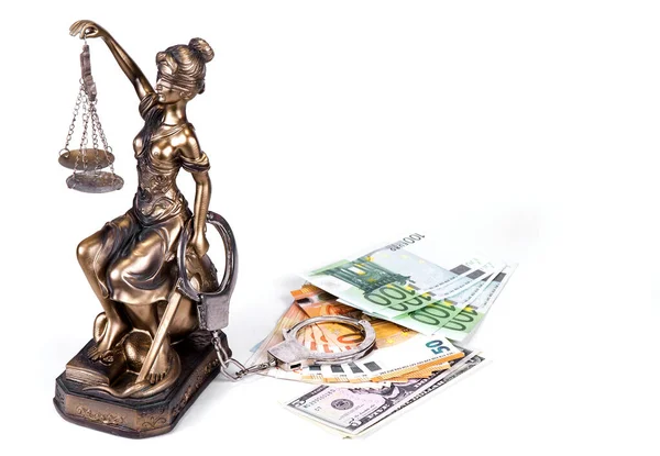 Статуя Правосудия Фемиды Деньгами Евро Долларами Концепция Взятки Преступлений — стоковое фото