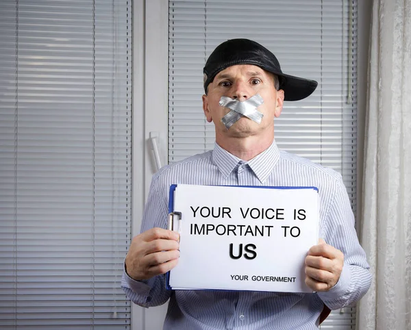 Sealed mouth man with empty sign. Funny blank and filled out sign for various purposes. Clear card smile concept.