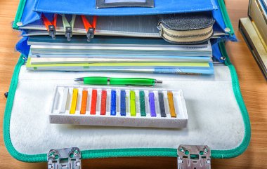 İçinde kitaplar, defterler, kalemler ve kalemler olan okul çantası.