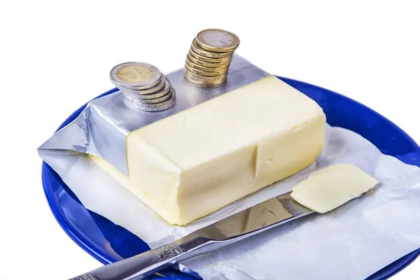 Manteiga Placa Azul Com Moedas Euro Dinheiro Branco — Fotografia de Stock