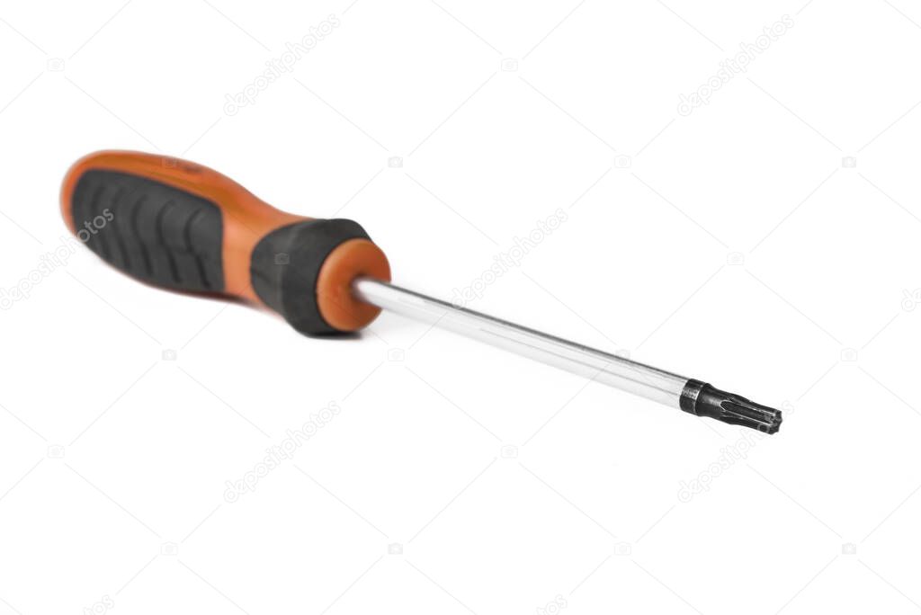Torx screwdriver with plastic handle on the whit