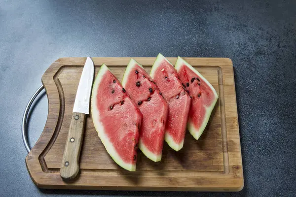 Four Watermelon Slices Wood Knife — Stock Photo, Image