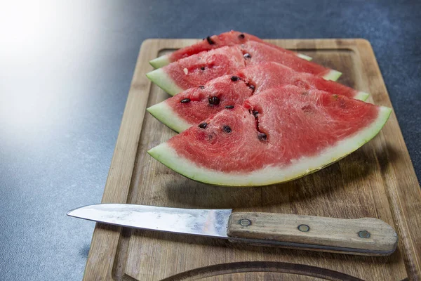 Watermelon Slices Laying Wooden Board Knife — Stock Photo, Image