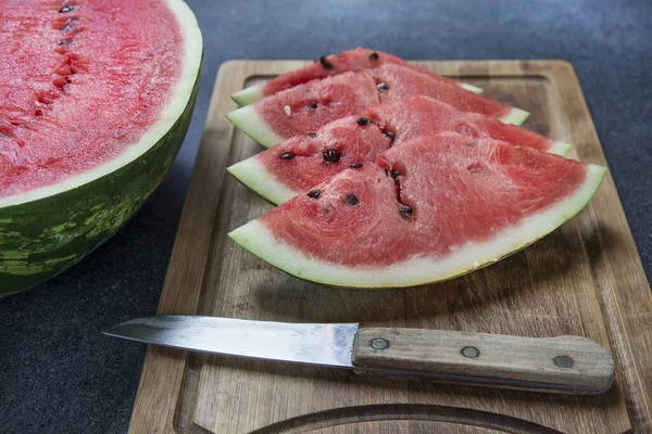 Freshly Cut Watermelon Slices Wooden Board Woth Knife — Stock Photo, Image