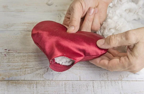 Step Step How Make Heart Red Satin Textile Valentine Day — Stock Photo, Image