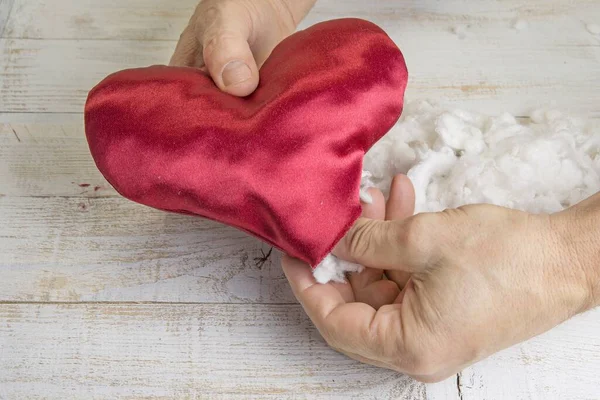 Шаг Шагом Сделать Сердце Красного Атласного Текстиля День Святого Валентина — стоковое фото