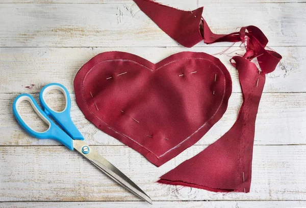Step Step How Make Heart Red Satin Textile Valentine Day — Stock Photo, Image