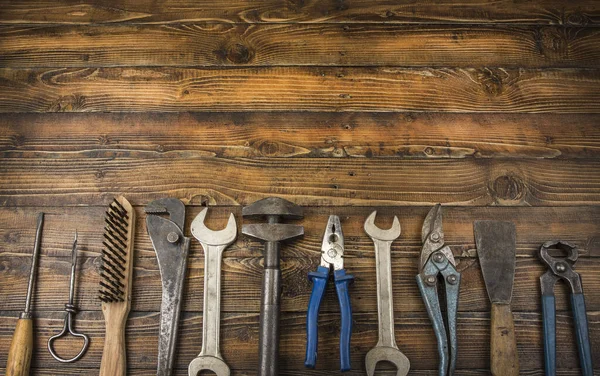 Old Different Tools Wooden Background Copy Space — Stock Photo, Image