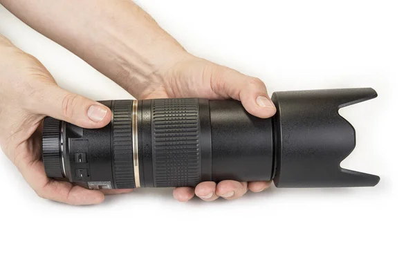 Kameranın Beyaz Arkaplanındaki Lensleri Yakınlaştır Düzelt — Stok fotoğraf
