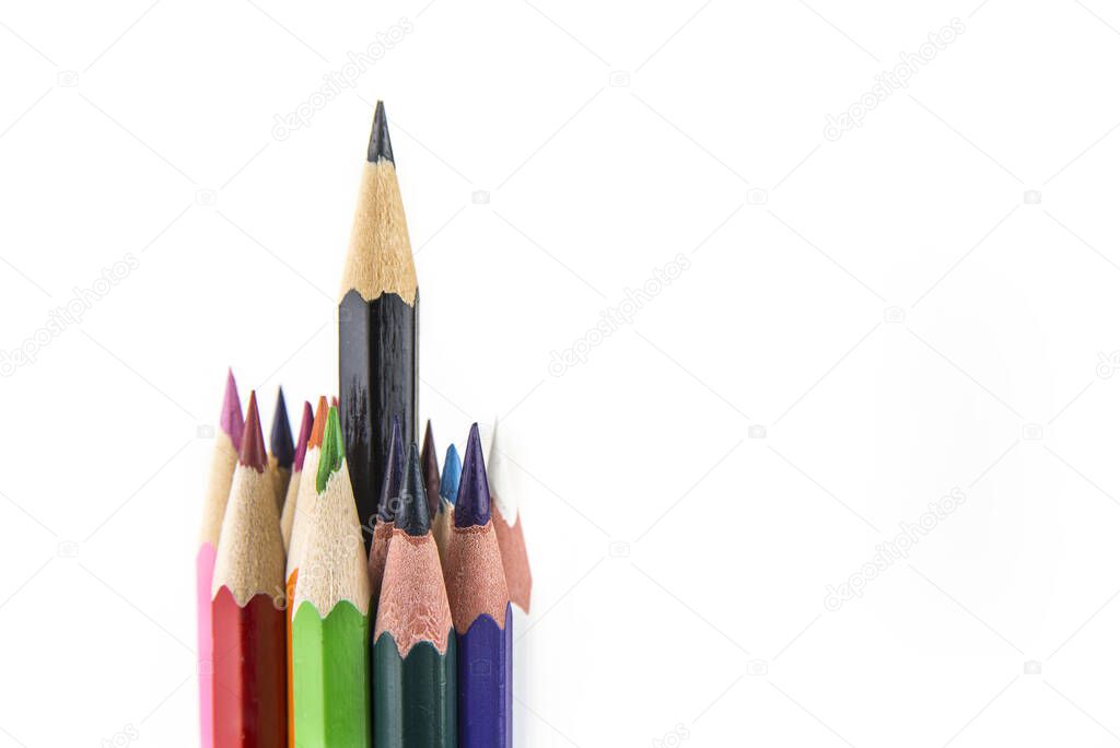 Sharpened colored pencils on the white background