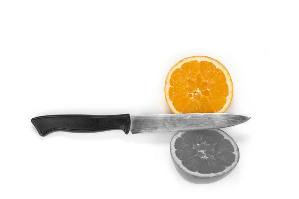 Black White Lemons Oranges Friut Color One Knife — Stock Photo, Image