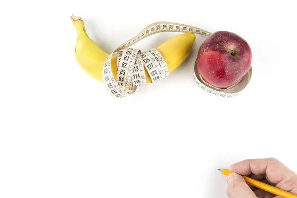 Diet Healthy Eating Food Weigh Loss Concept Close Banana Apple — Stock fotografie