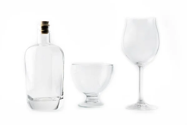 Verre Transparent Vide Bouteille Sur Blanc — Photo