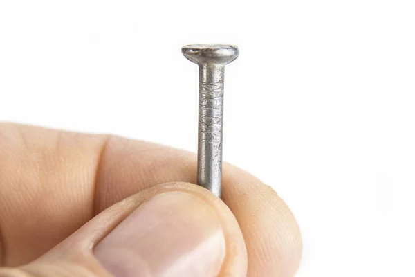 Man Holding Constraction Nail White — Stock Photo, Image