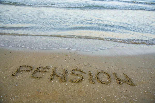 Pensión Escrita Arena Por Mar Playa —  Fotos de Stock