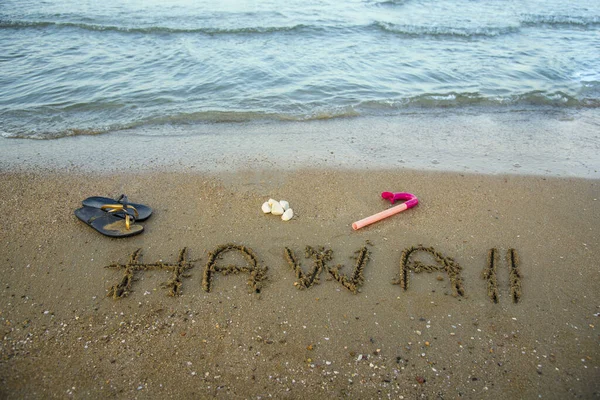 Hawaï Écrit Sur Sable Avec Tuba Traverses Plage — Photo