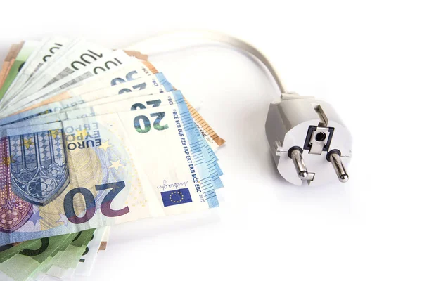 Enchufe Eléctrico Con Dinero Euros Blanco Concepto Ahorro Energía — Foto de Stock