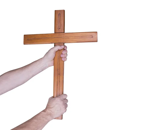 Kristen Man Som Håller Ett Kors Med Tro Gud — Stockfoto