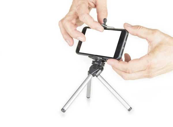 Smartphone Portable Sur Trépied Fond Blanc — Photo