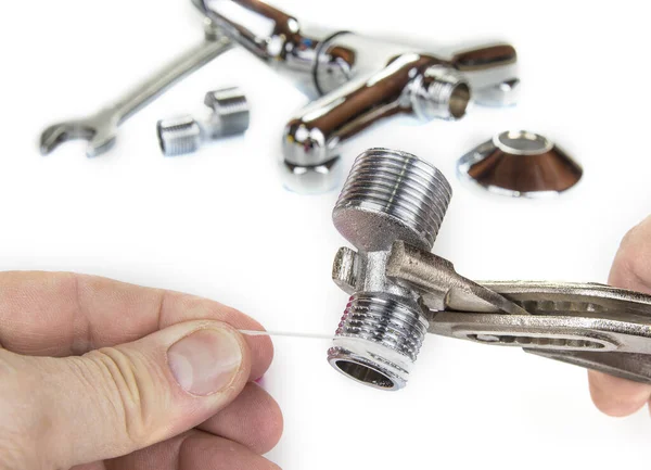 Plumber Putting Pipe Sealing Cord Fitting — Stock Photo, Image