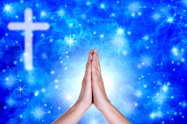 Praying Hands Blue Sky Crucifix — Stock Photo, Image