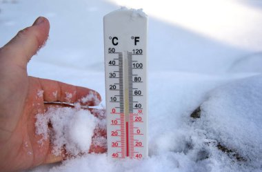Kardaki termometre, Celsius 'ta ya da farenheit' te dondurucu sıcaklık gösteriyor.