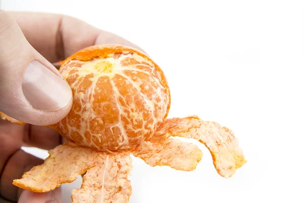 Peel Tangerine Hand White Background — Stock Photo, Image