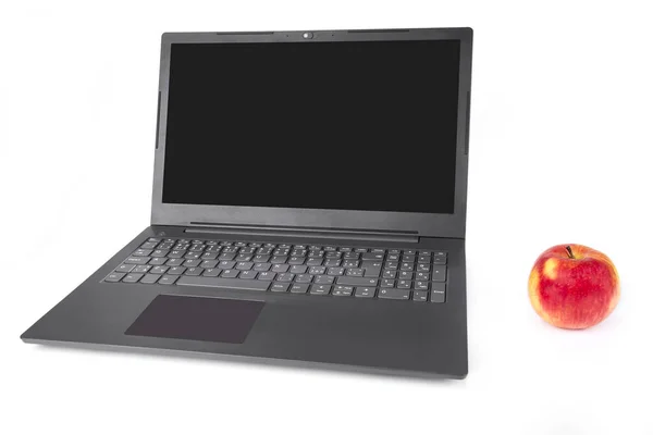 Modern Karcsú Könnyű Laptop Egy Almával — Stock Fotó